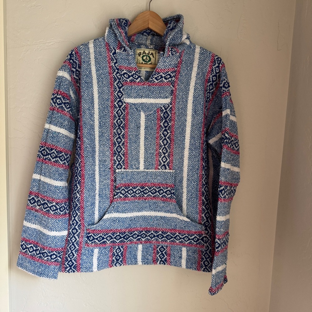 Baja Joe Women's Sweater Mexicali Multicolor‎ Blues Hippie Hoodie Size: L